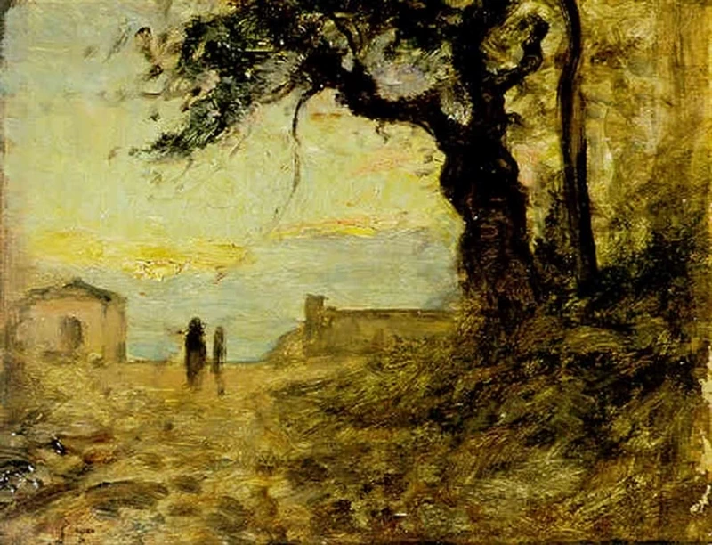 Paesaggio con grande albero a destra